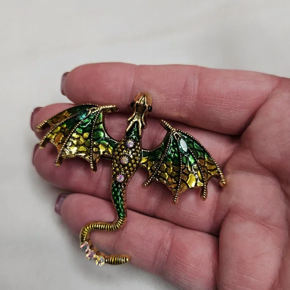 Dripping Oil Enamel Dragon Brooch Retro Style Pin Rhinestone Sparkling Goth Punk - Picture 5 of 7